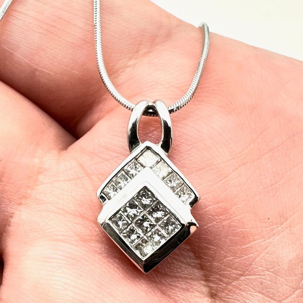 14K White Gold Womens Necklace Princess Cut Diamond Pendant